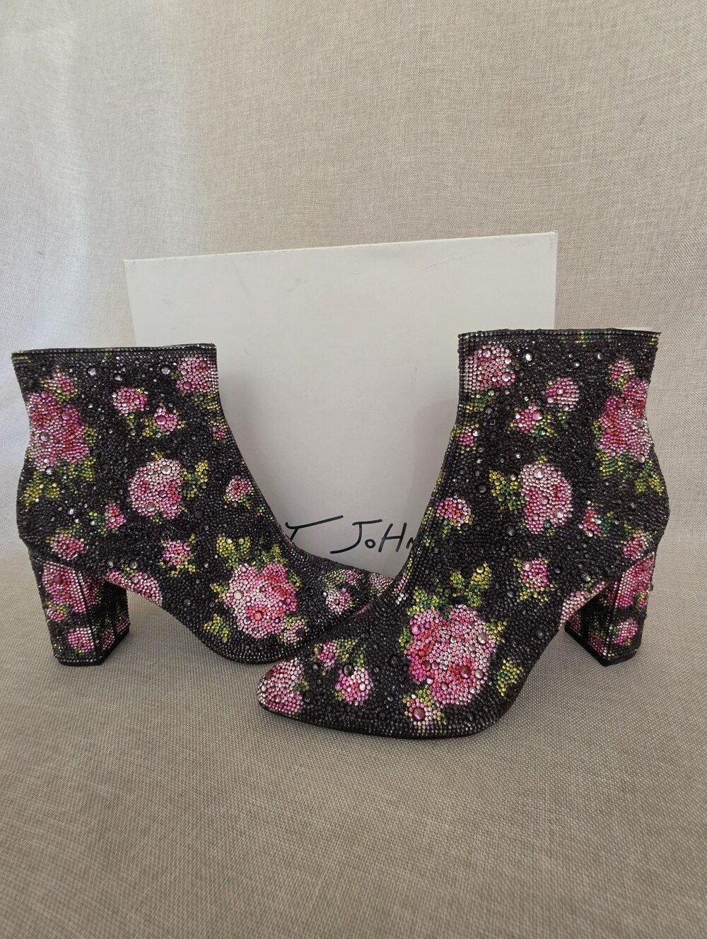 Betsey Jognson Black Crystal Floral Ankle Booties with Pink Accents 7.5